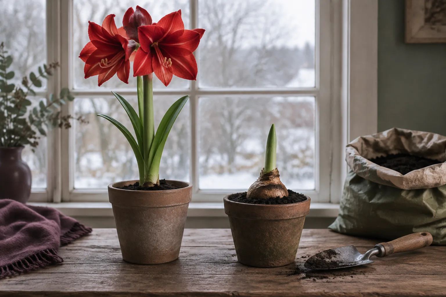 A red amaryllis in flower beside a second pot with a bulb and a new green flower spike.