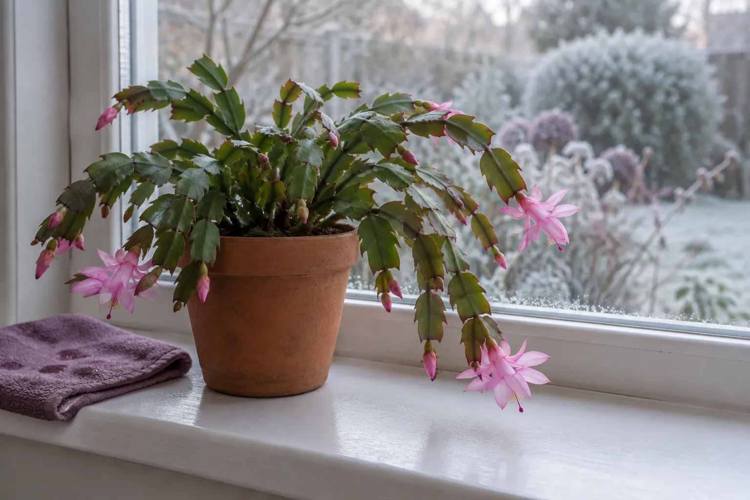A pink-flowered Christmas cactus trailing from a small clay pot on a windowsill.