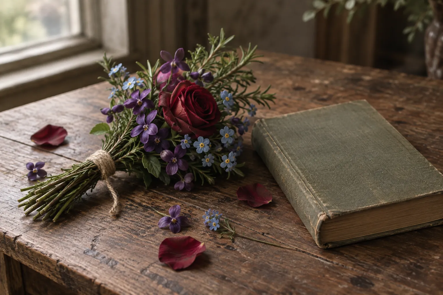 A small posy of rosemary, a red rose, violets and forget-me-nots beside a closed old book.