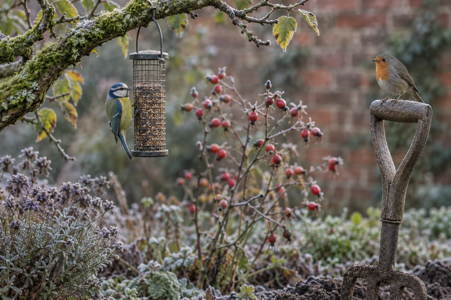 A blue tit on a hanging feeder and a robin on a fork handle in a frosty garden.