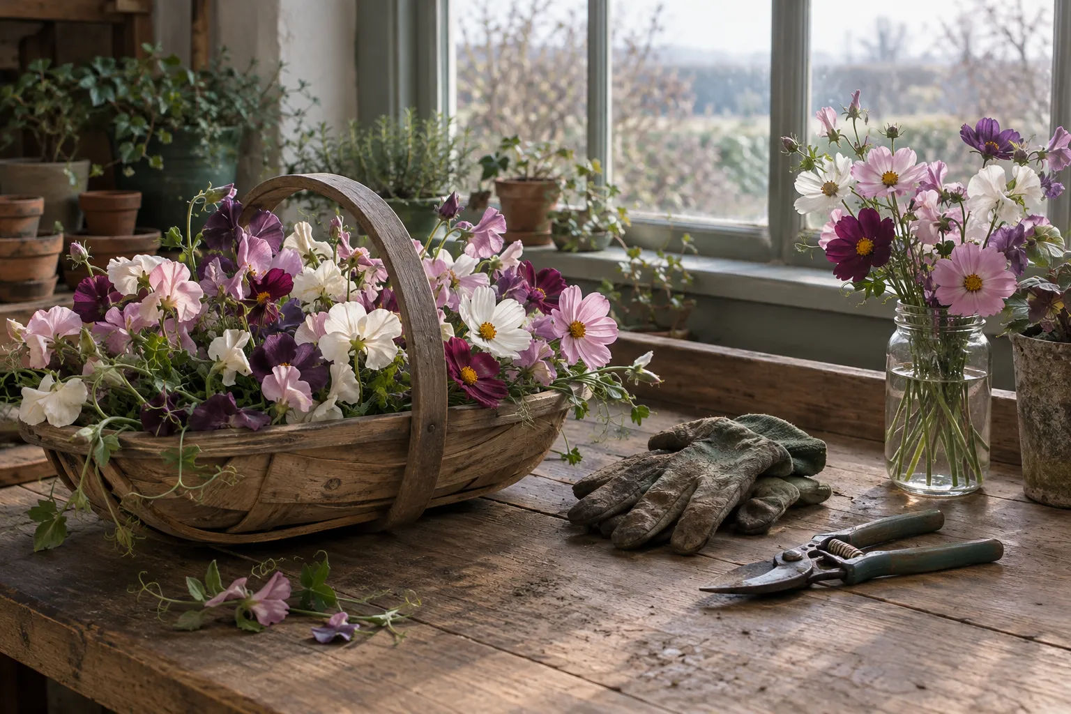 A potting bench with a trug of cut flowers, a pair of gloves and a glass jar of sweet peas beside a window.