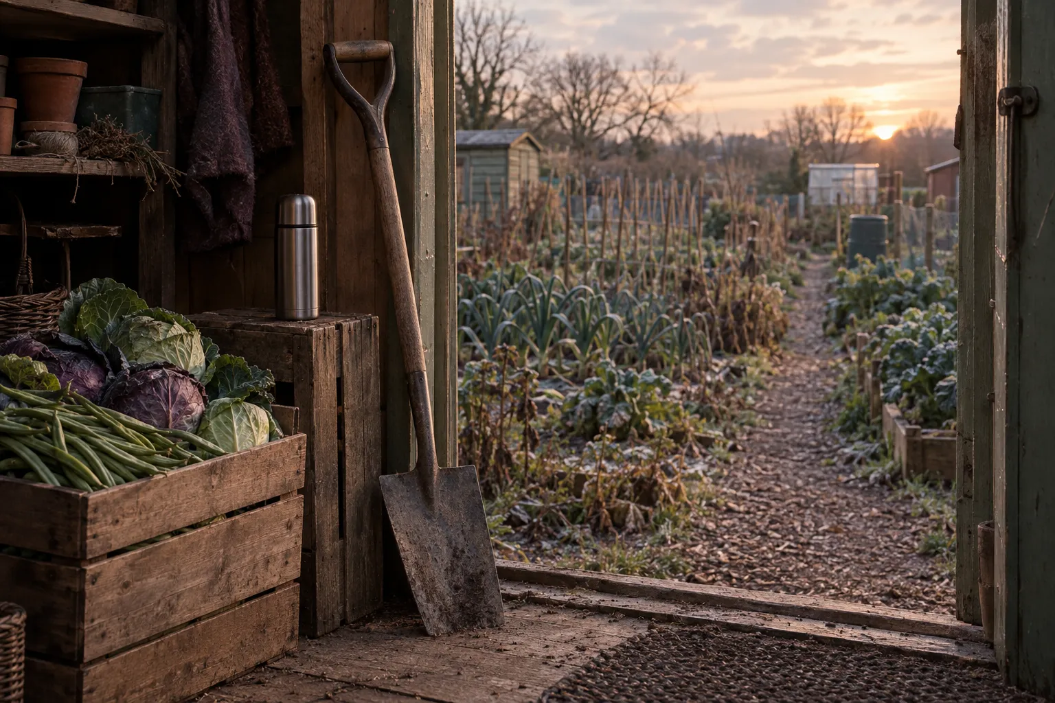 A shed doorway with a spade, a flask and a wooden crate of vegetables in warm evening light.