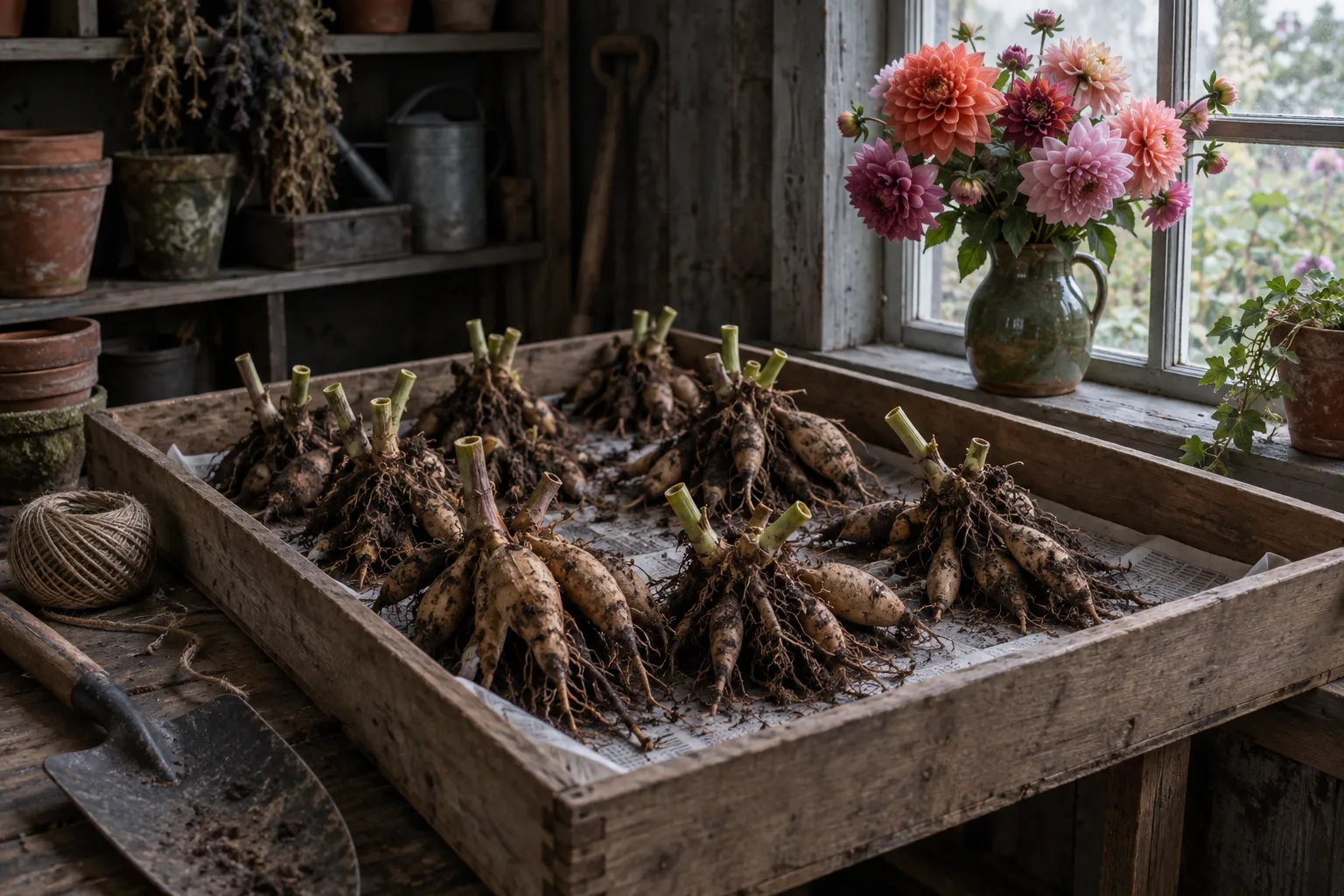 Dahlia tubers drying in a wooden crate in a shed with late coral dahlias in a vase on the windowsill.