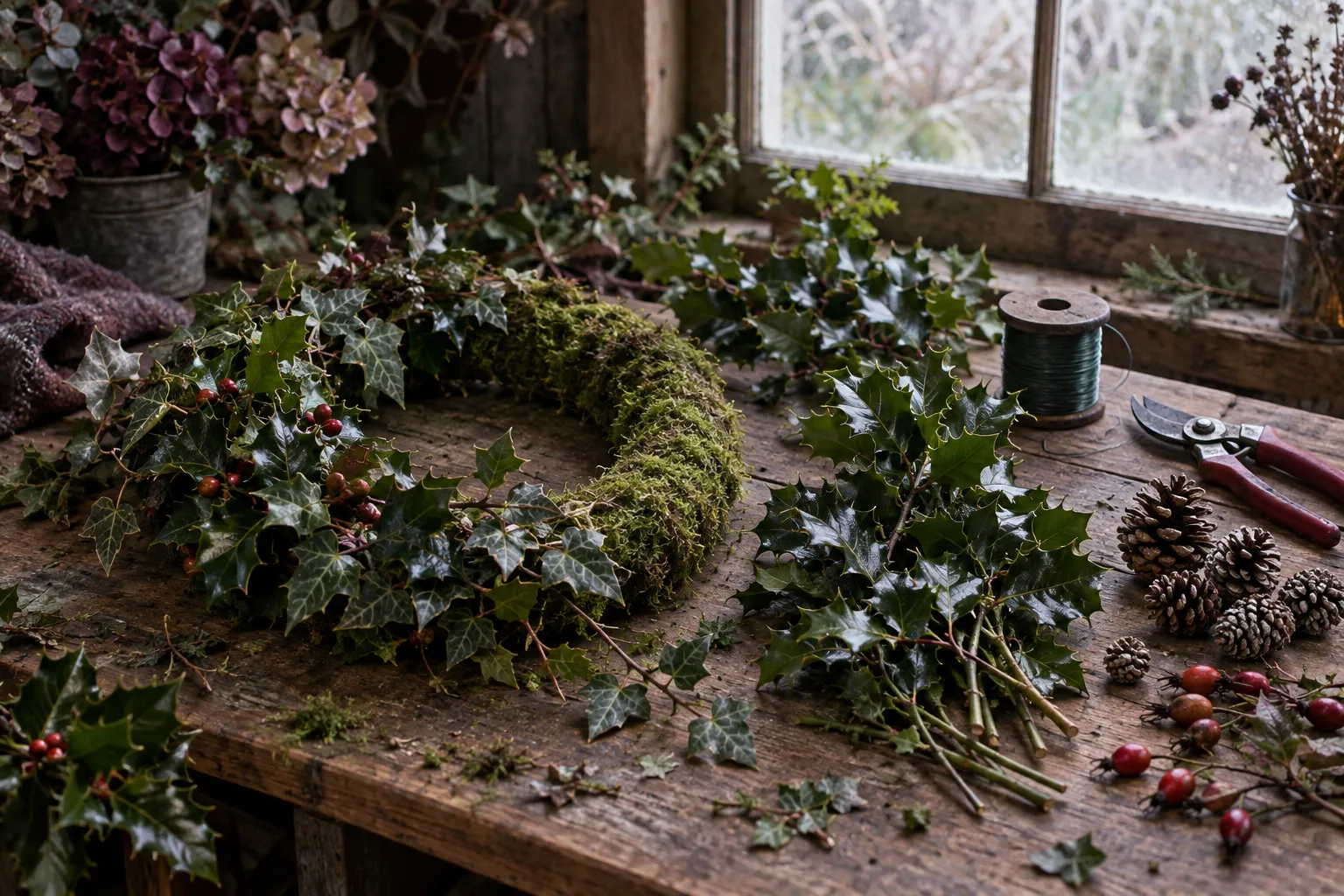 A half-finished holly and ivy wreath on a mossy ring with wire, secateurs and rose hips.