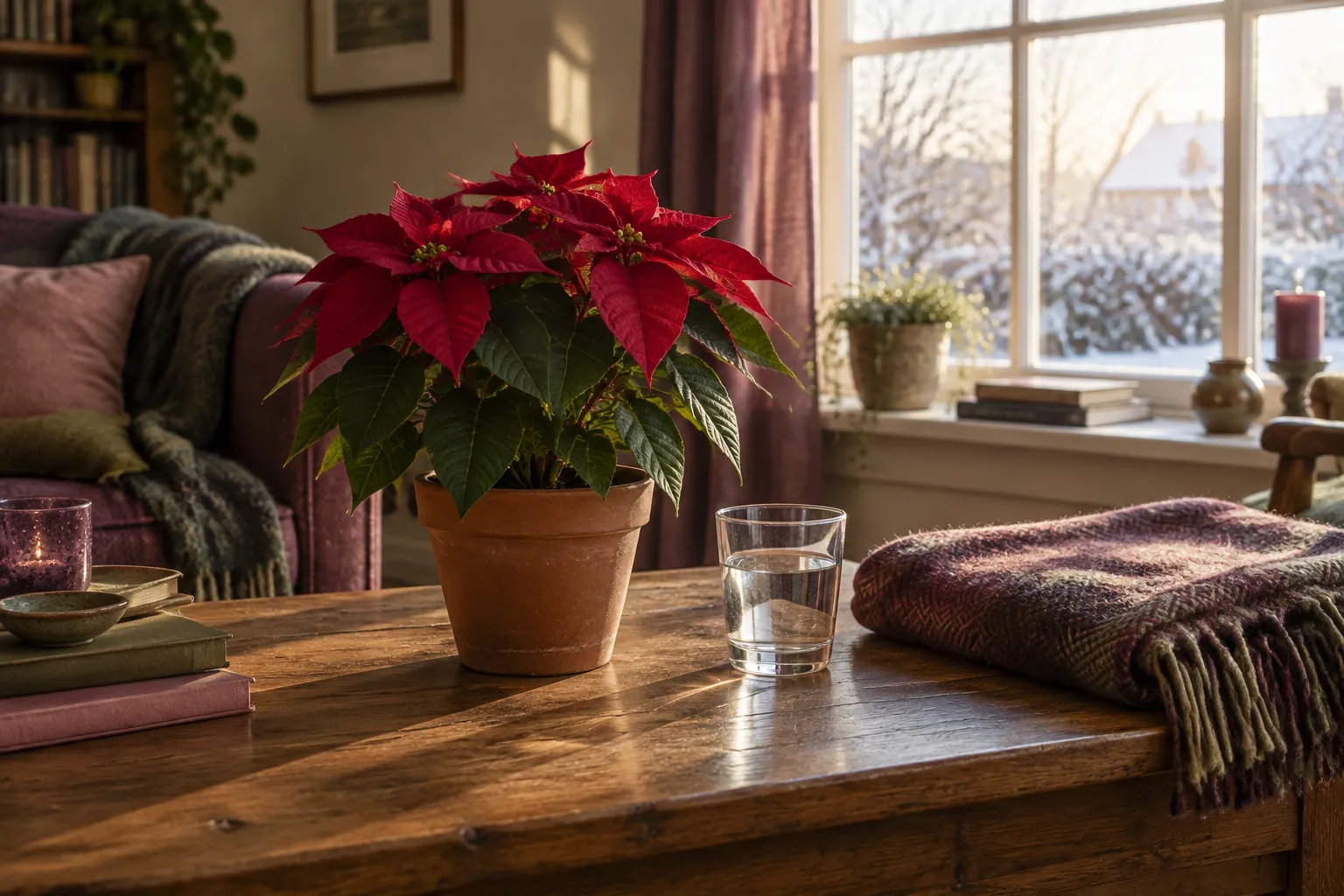 A red poinsettia in a terracotta pot on a wooden table near a bright window.
