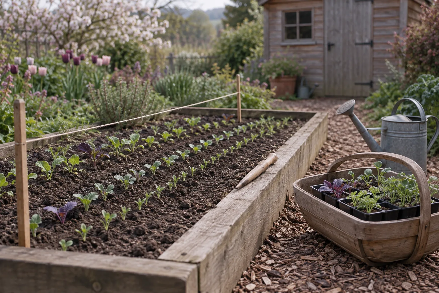 A raised bed with rows of seedlings, a string line, a dibber and a trug of seed modules.