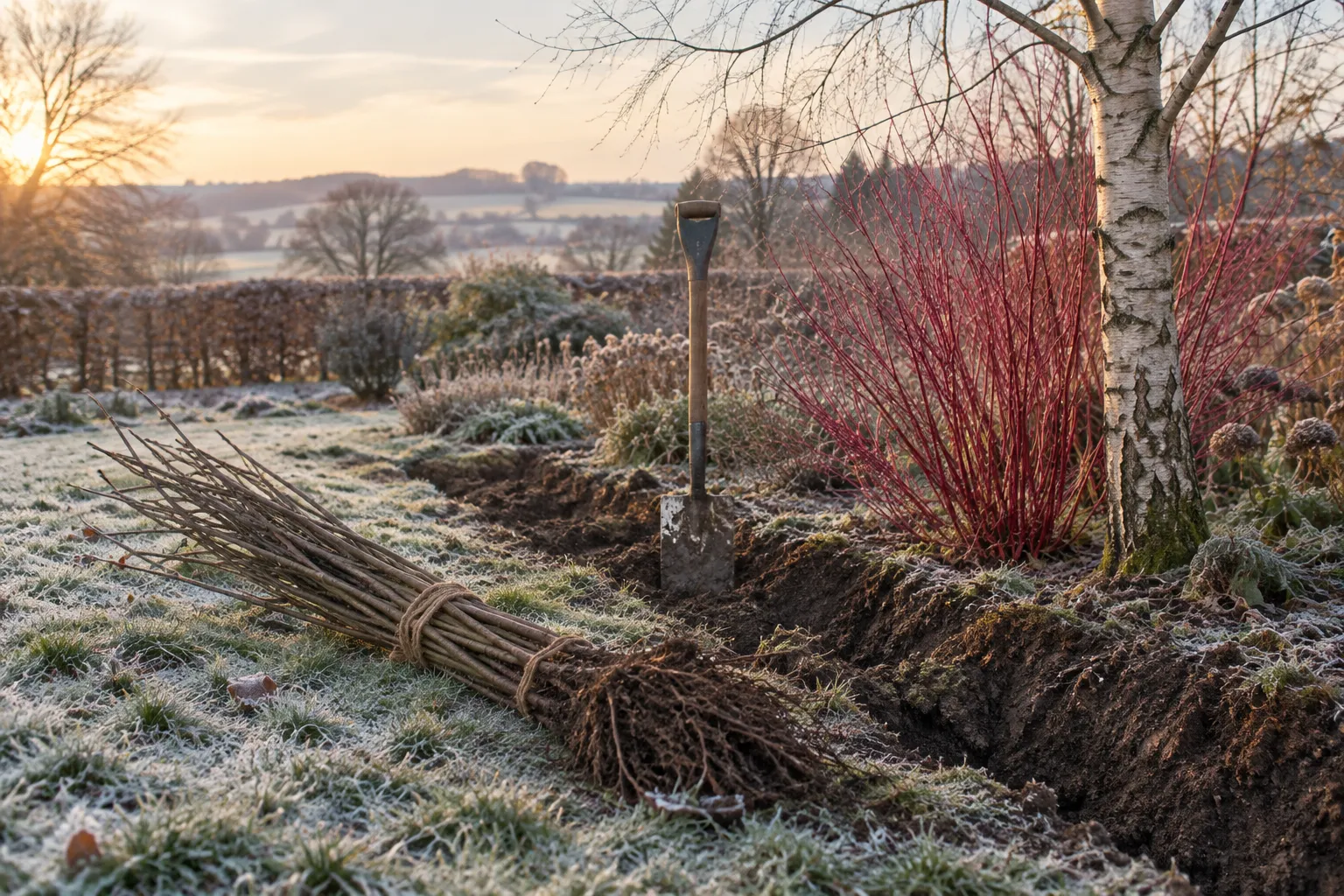 Bare-root hedging whips beside a trench and a spade, with red dogwood stems in a frosty garden.