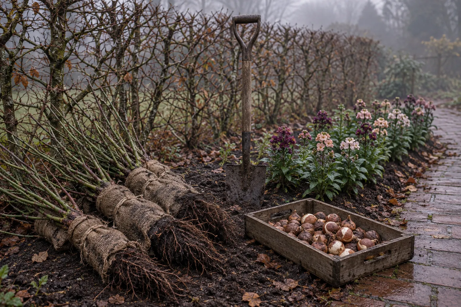 Bare-root roses in hessian, a spade, a tray of tulip bulbs and wallflower plants in a misty border.