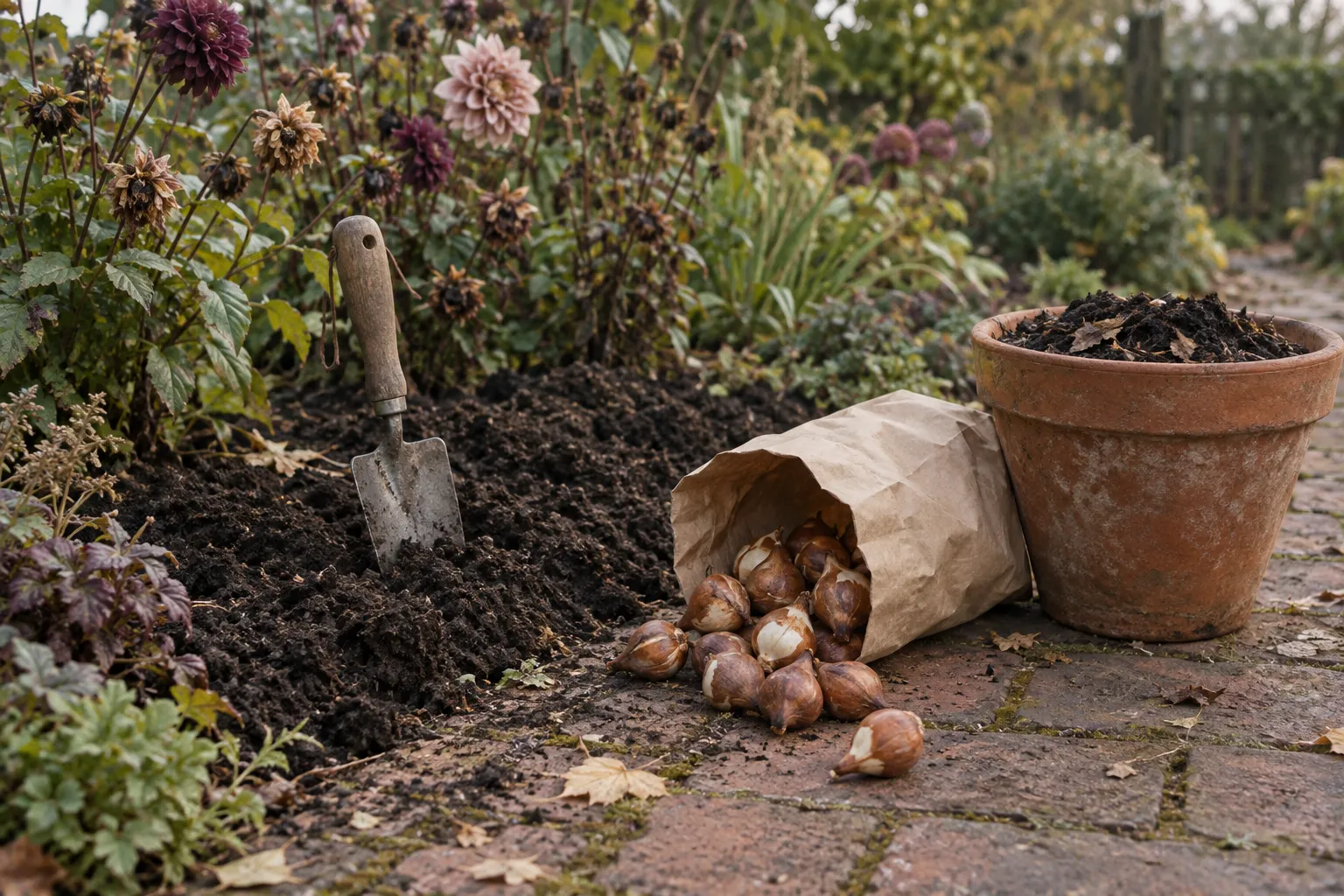 Tulip bulbs spilling from a plain paper bag beside a trowel and a freshly dug border.