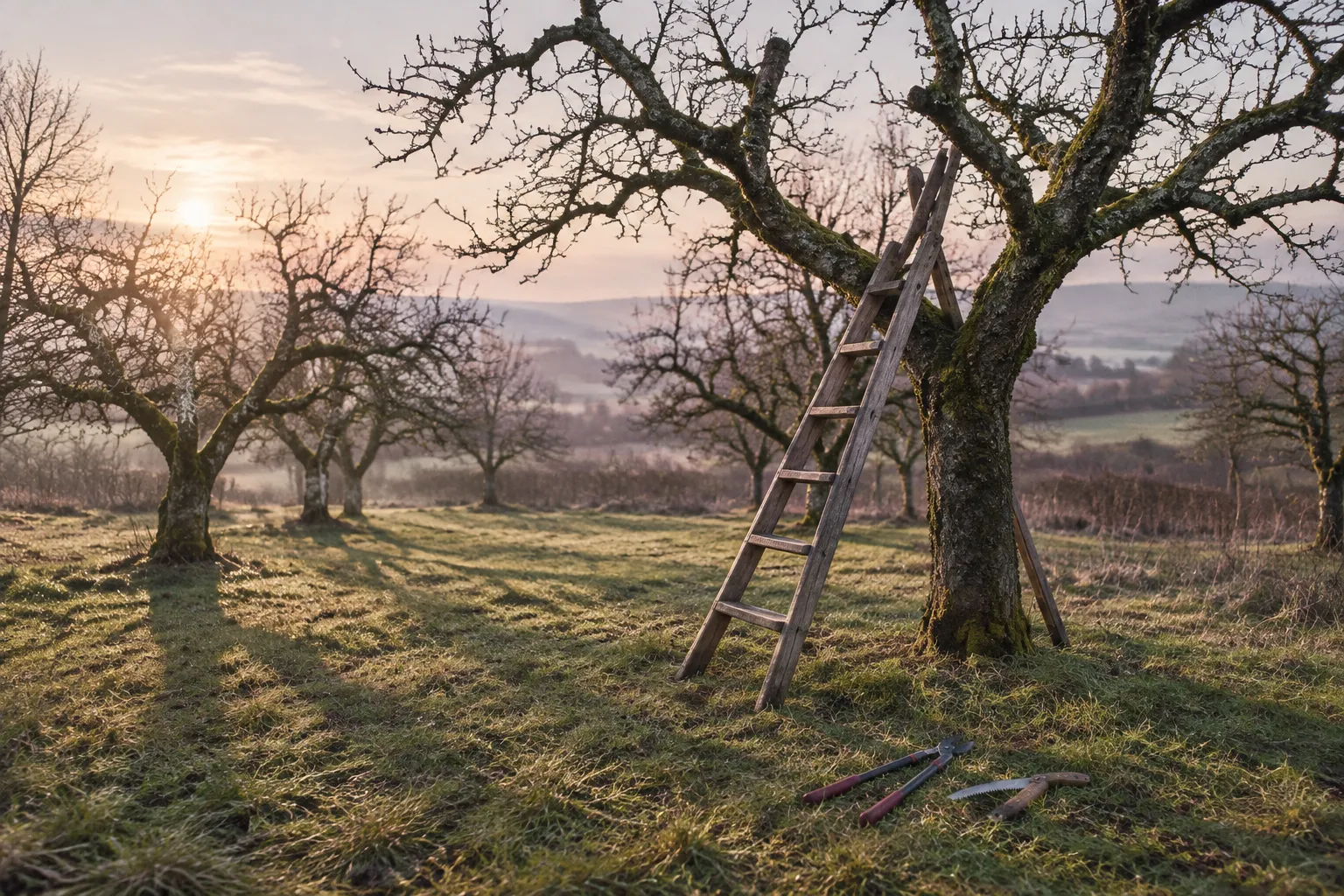 A bare apple tree in an orchard with a wooden ladder, loppers and a pruning saw on the grass.