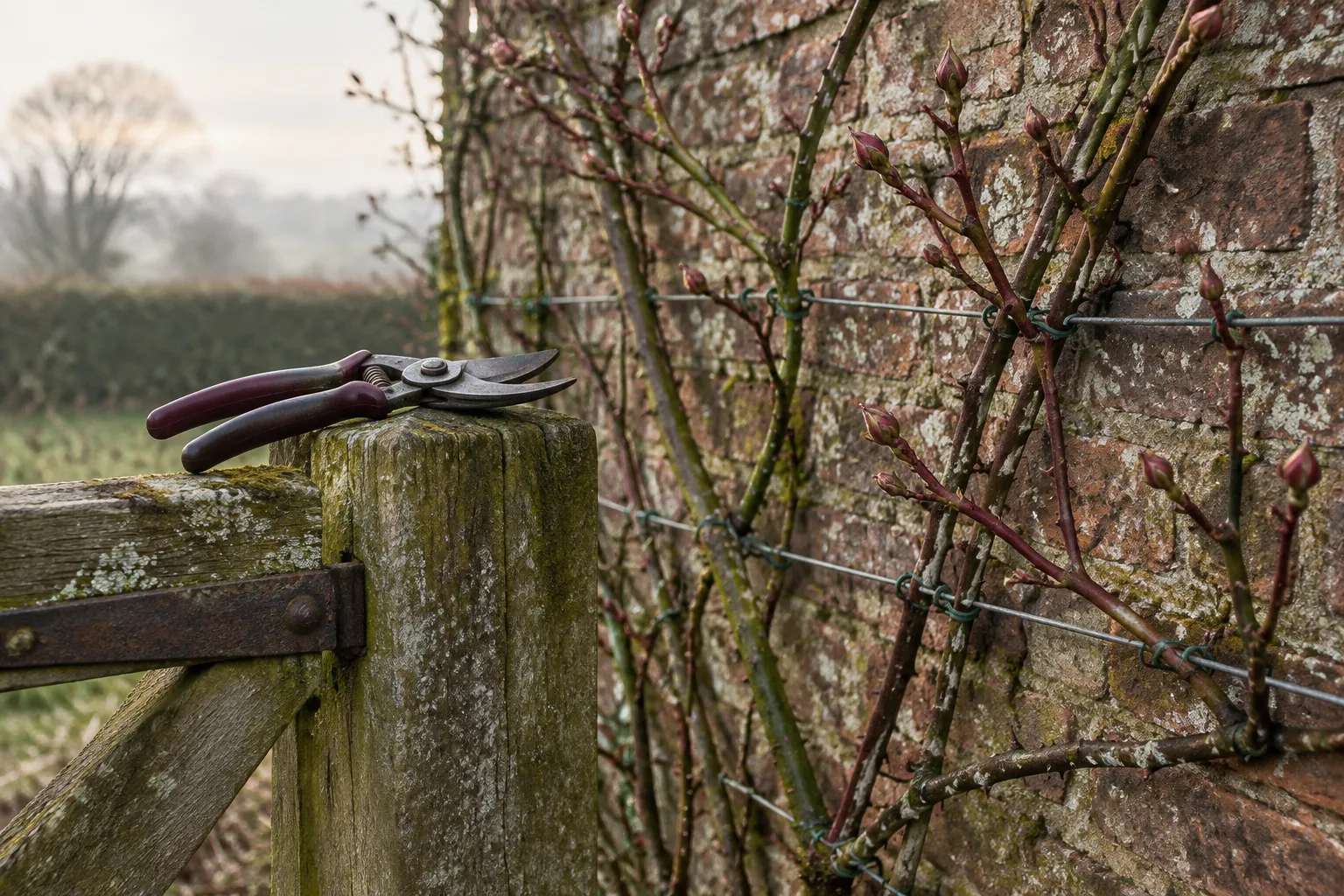 Secateurs on a gatepost beside a bare climbing rose with swelling buds on a brick wall.