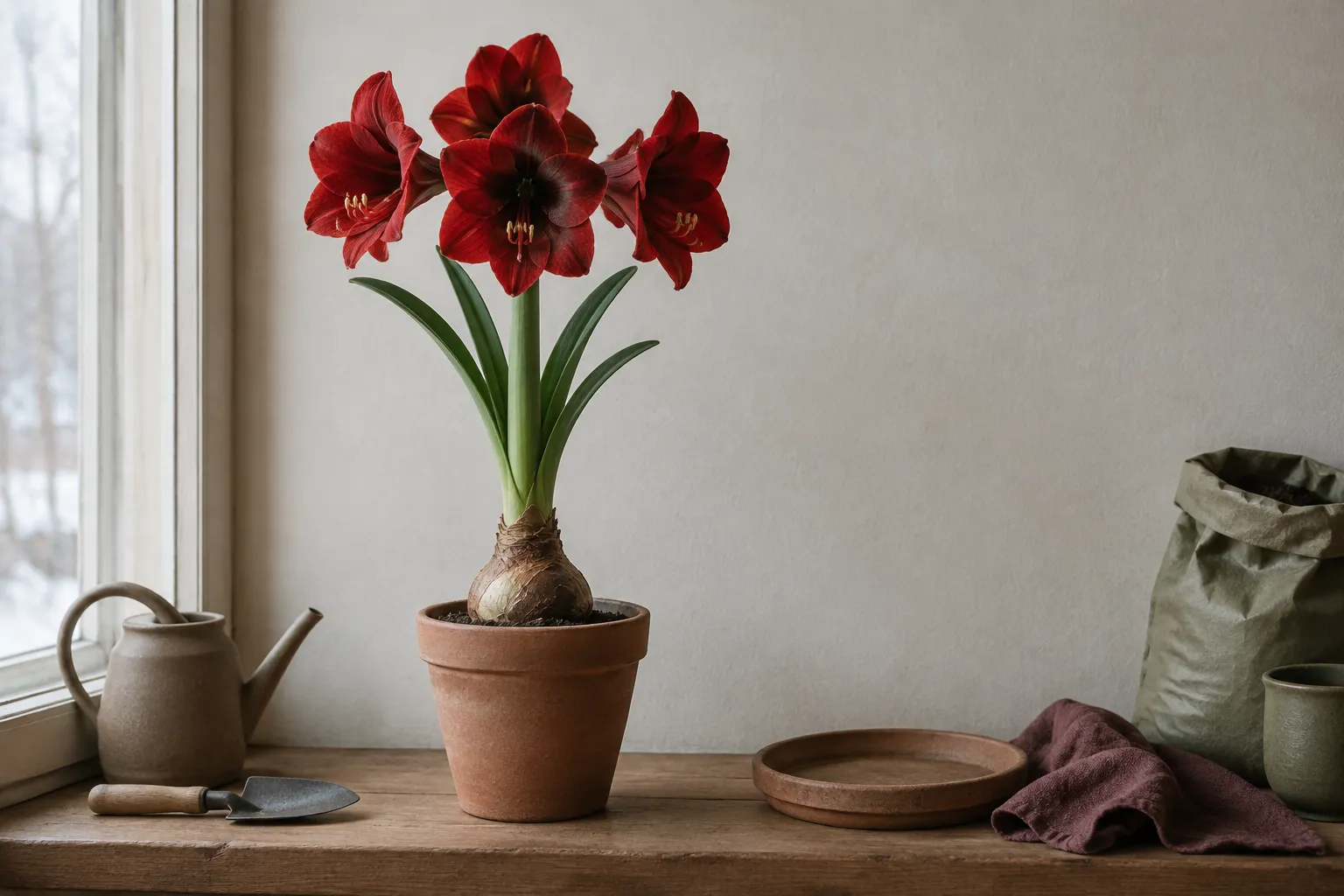 A deep red amaryllis in flower in a clay pot against a plain pale wall.