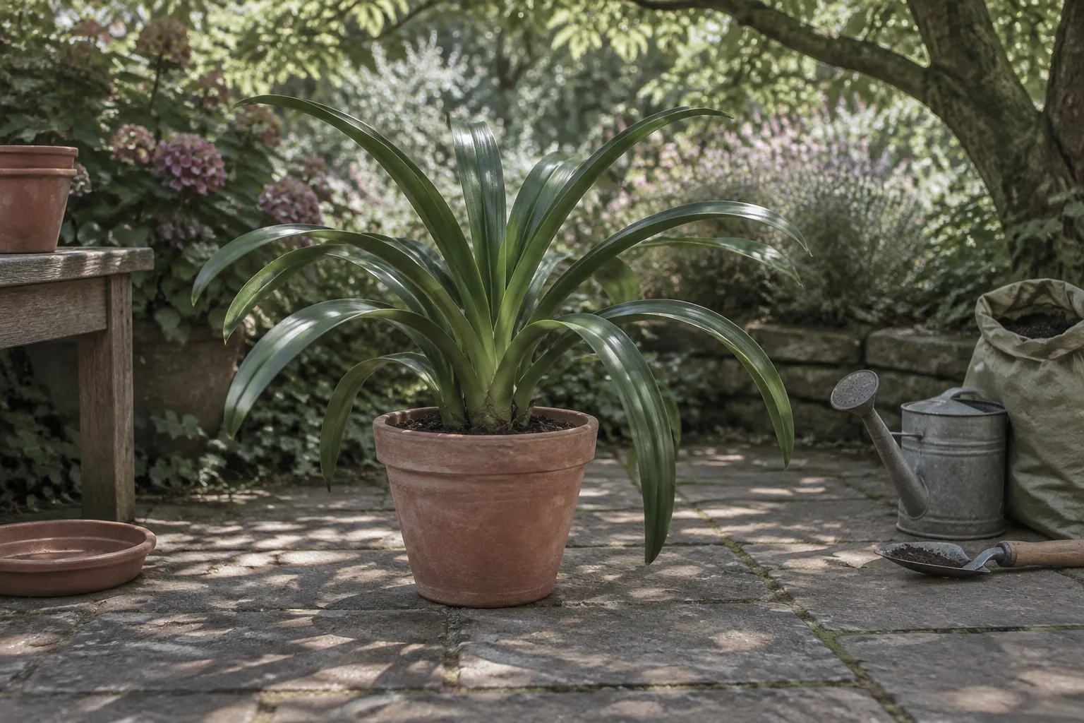 An amaryllis in leaf only, its long strap leaves arching from a clay pot on a shady summer patio.