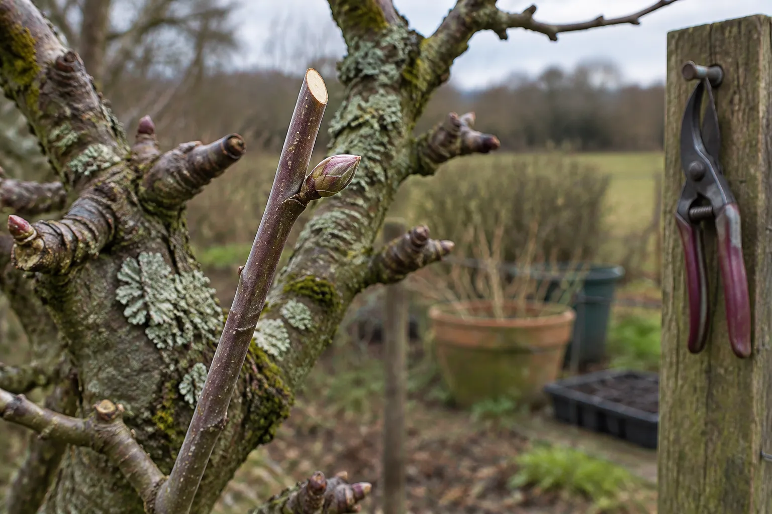 A bare apple shoot shortened just above an outward-facing bud, with fruit spurs and lichen behind.