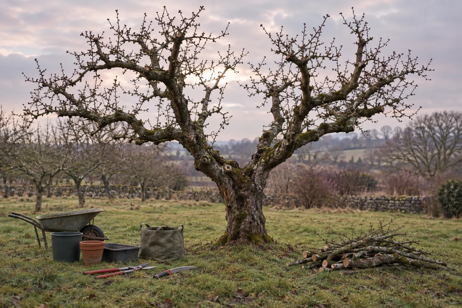 An old apple tree in winter thinned to an open goblet-shaped crown, sawn branches stacked beside it.