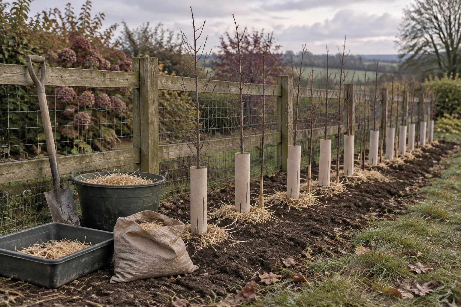 A new row of bare-root hedging whips in pale guards with straw around their bases.