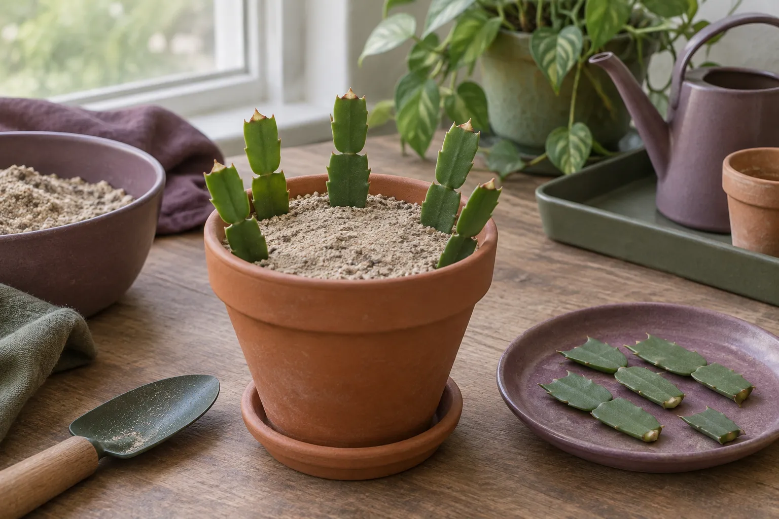 Christmas cactus cuttings of two segments each, set round the edge of a small pot of sandy compost.