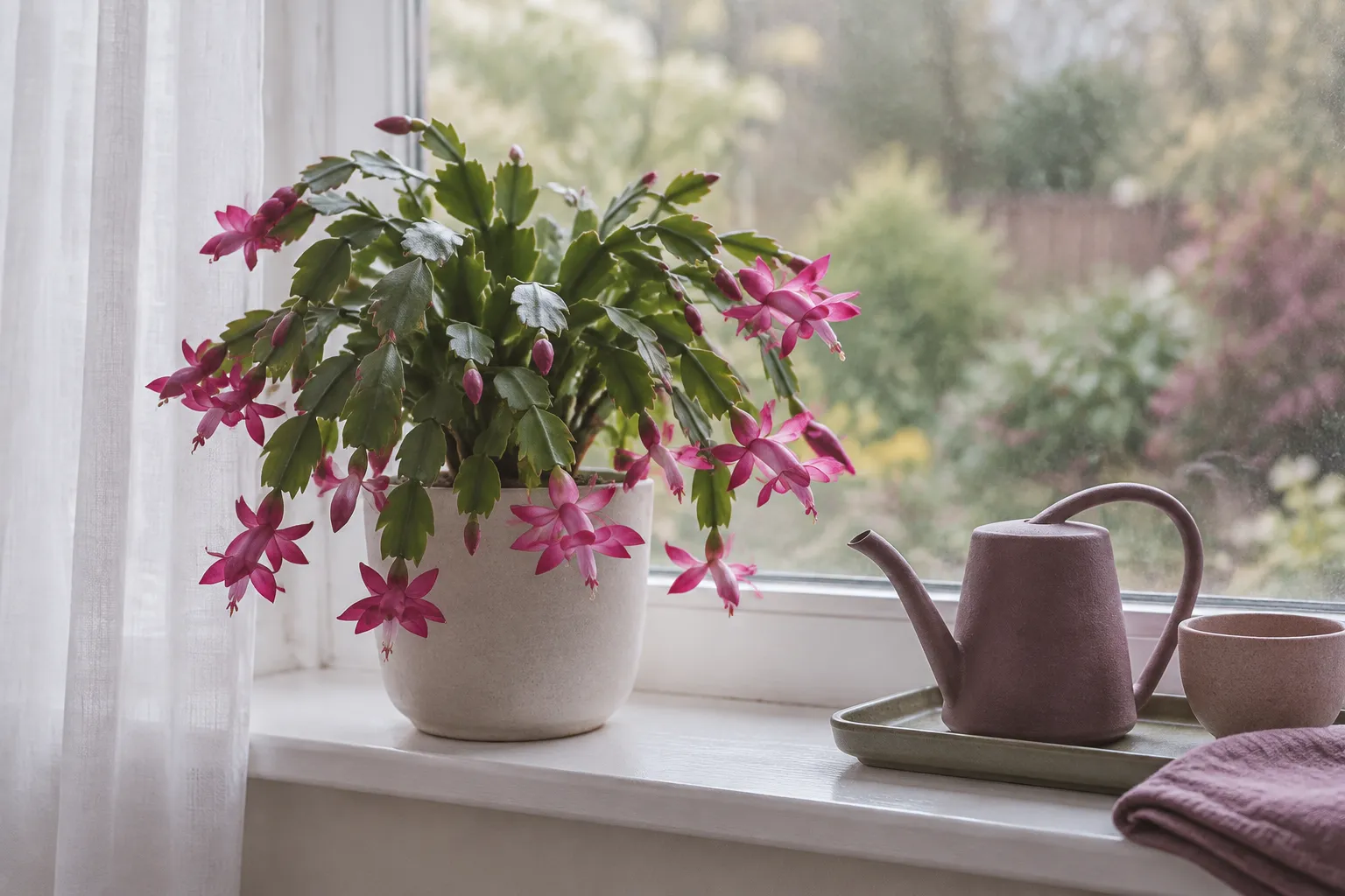 A pink-flowered Christmas cactus in a plain pot on a windowsill in filtered morning light.