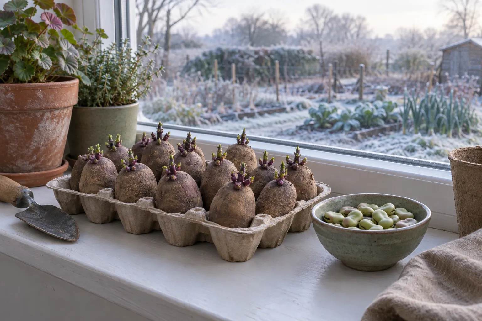 Seed potatoes sprouting short purple shoots in an egg box on a windowsill, a frosty vegetable plot outside.