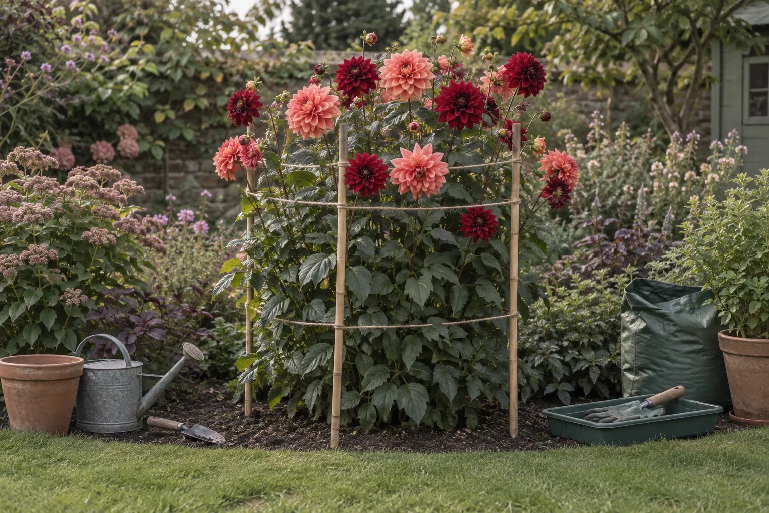 A flowering dahlia held up by four bamboo canes in a square with twine looped round them.