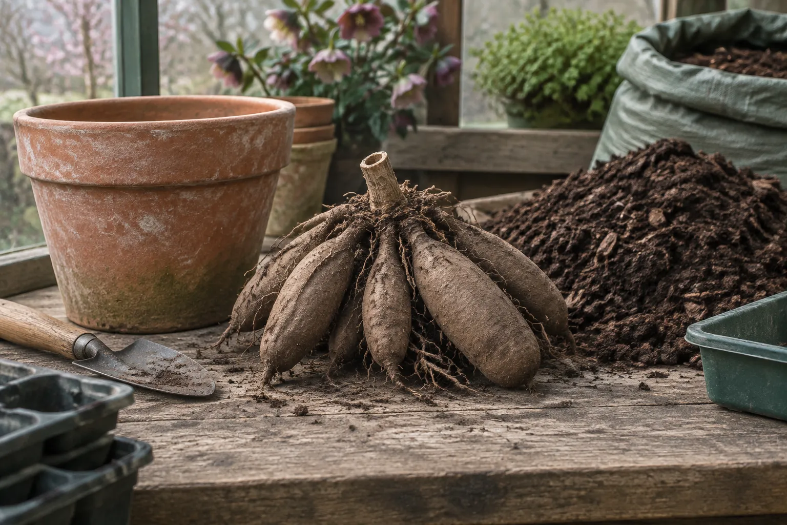 A dahlia tuber clump on a potting bench beside a terracotta pot, a trowel and a heap of compost.