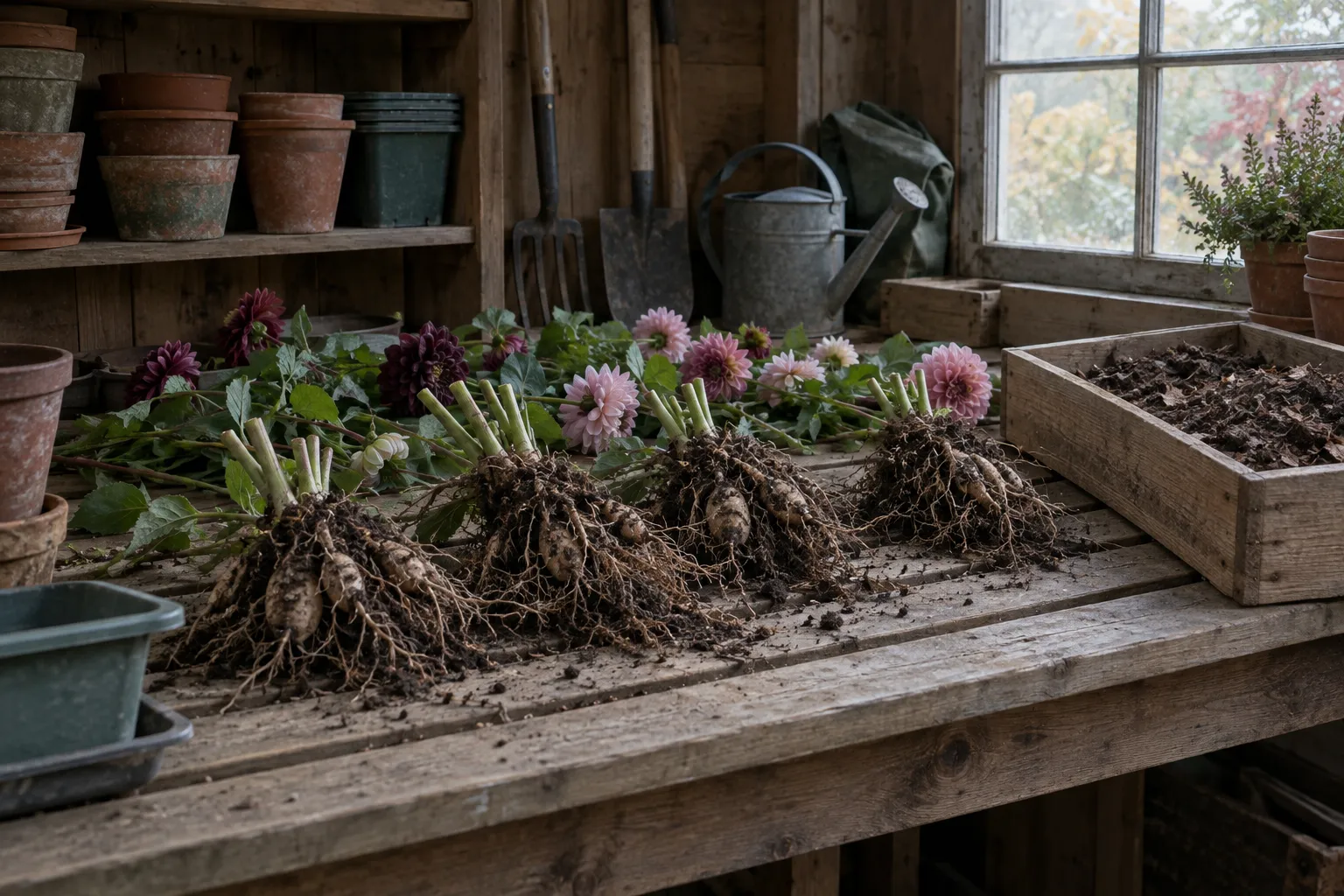 Lifted dahlia tubers with shortened stems on a shed bench beside a crate.