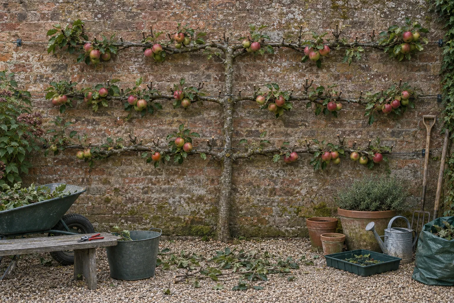 An espalier apple tree on a brick wall in late summer, its side shoots cut short and apples ripening.