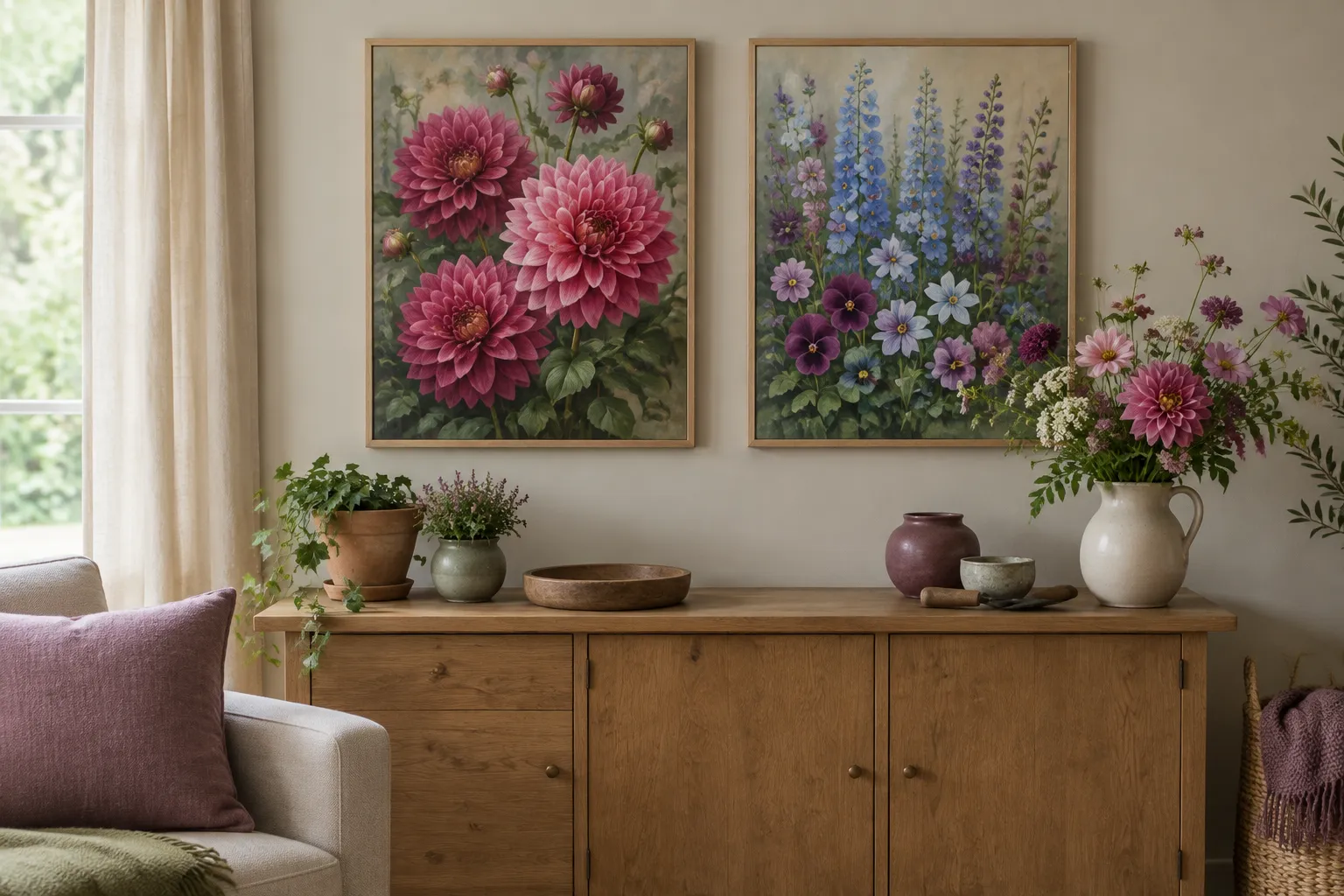 Two flower pictures in natural wood frames above a sideboard.