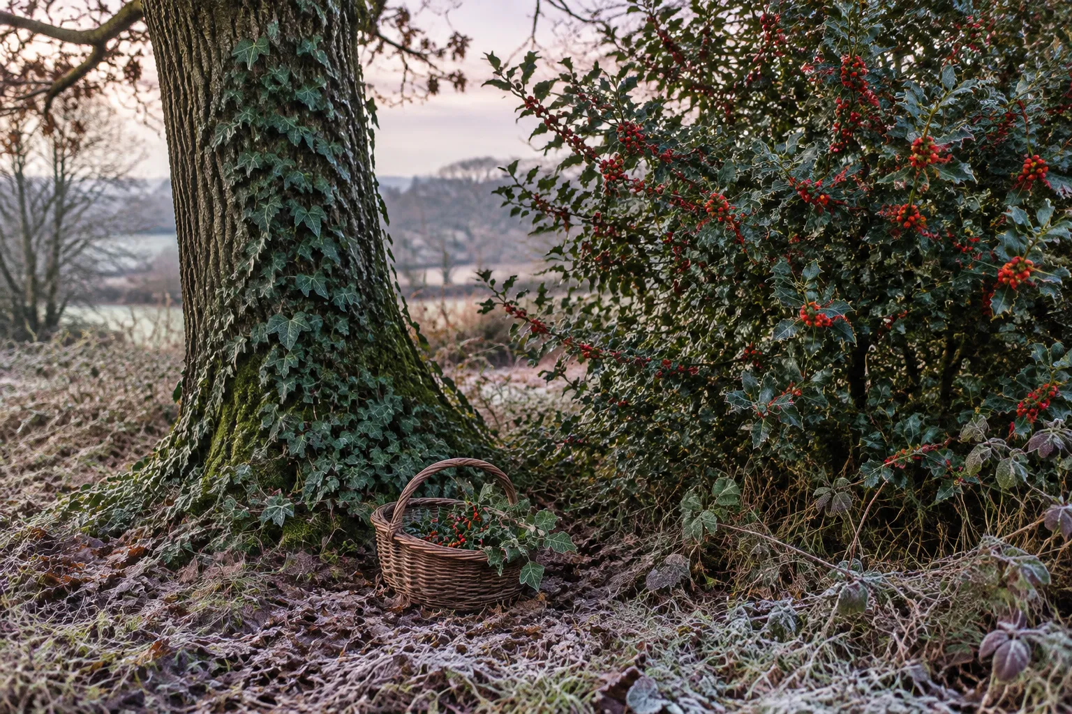 A basket holding a few holly and ivy sprigs at a woodland edge, most of the plants left uncut.