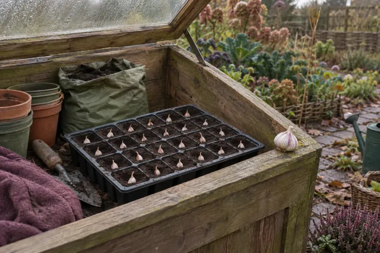 Garlic cloves planted one to a cell in a module tray inside an open cold frame.