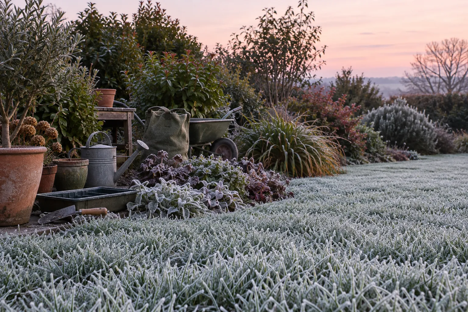 A frosted lawn at dawn beside a border, with pots, a watering can and a wheelbarrow.