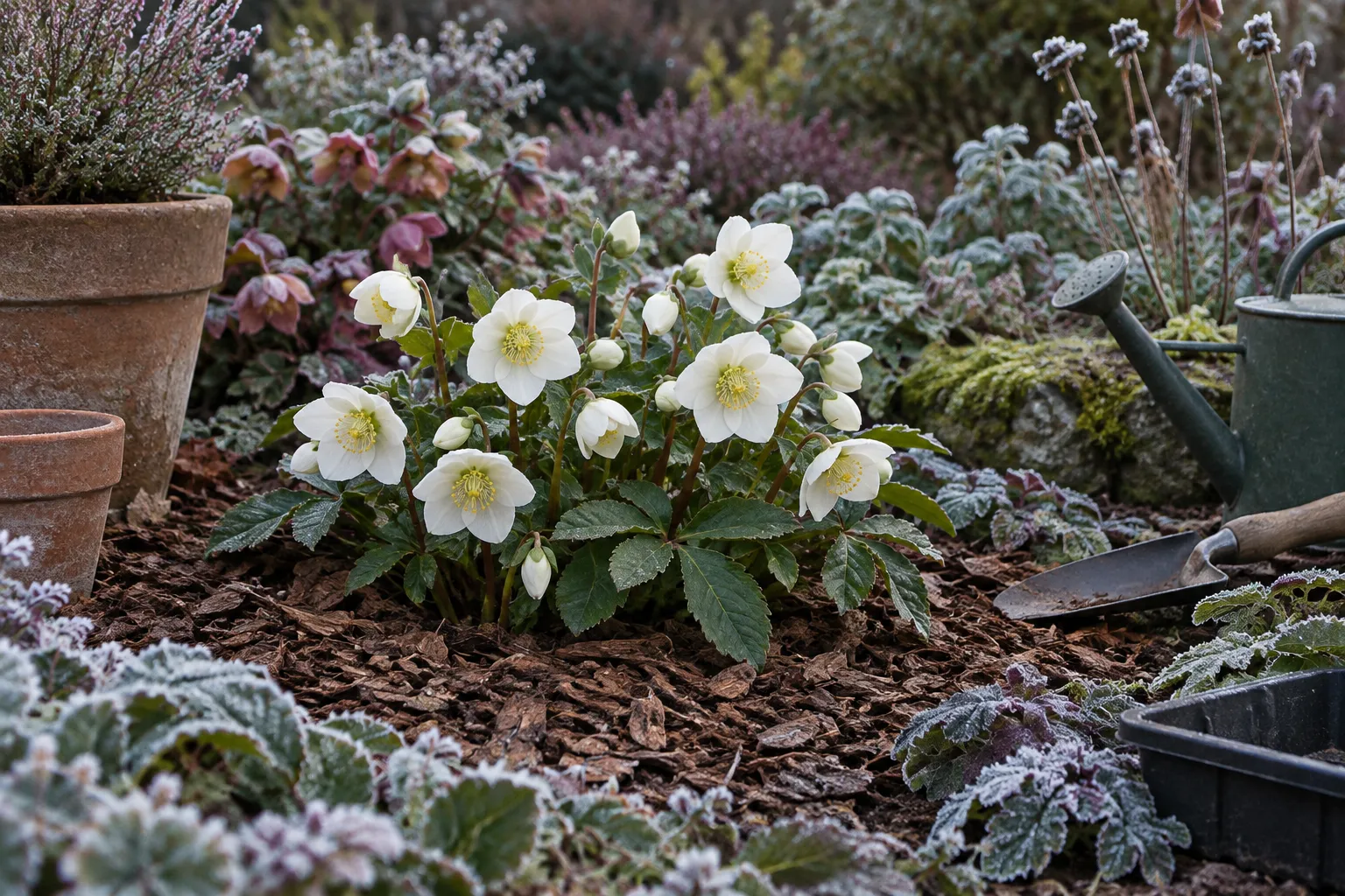 White Christmas rose flowers in a December border with a mulch of bark chips around them.