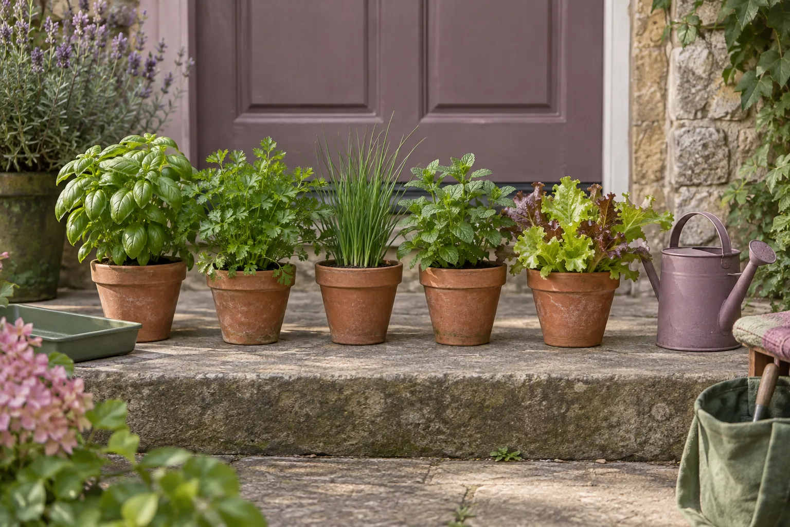 Small clay pots of herbs and salad leaves in a row on a sunny back doorstep.