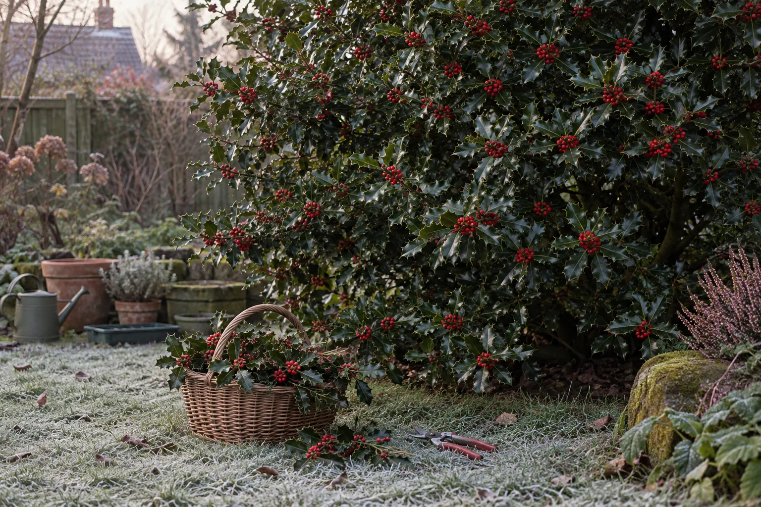 A berried holly bush in a garden with a few cut sprigs in a basket on the frosty grass.