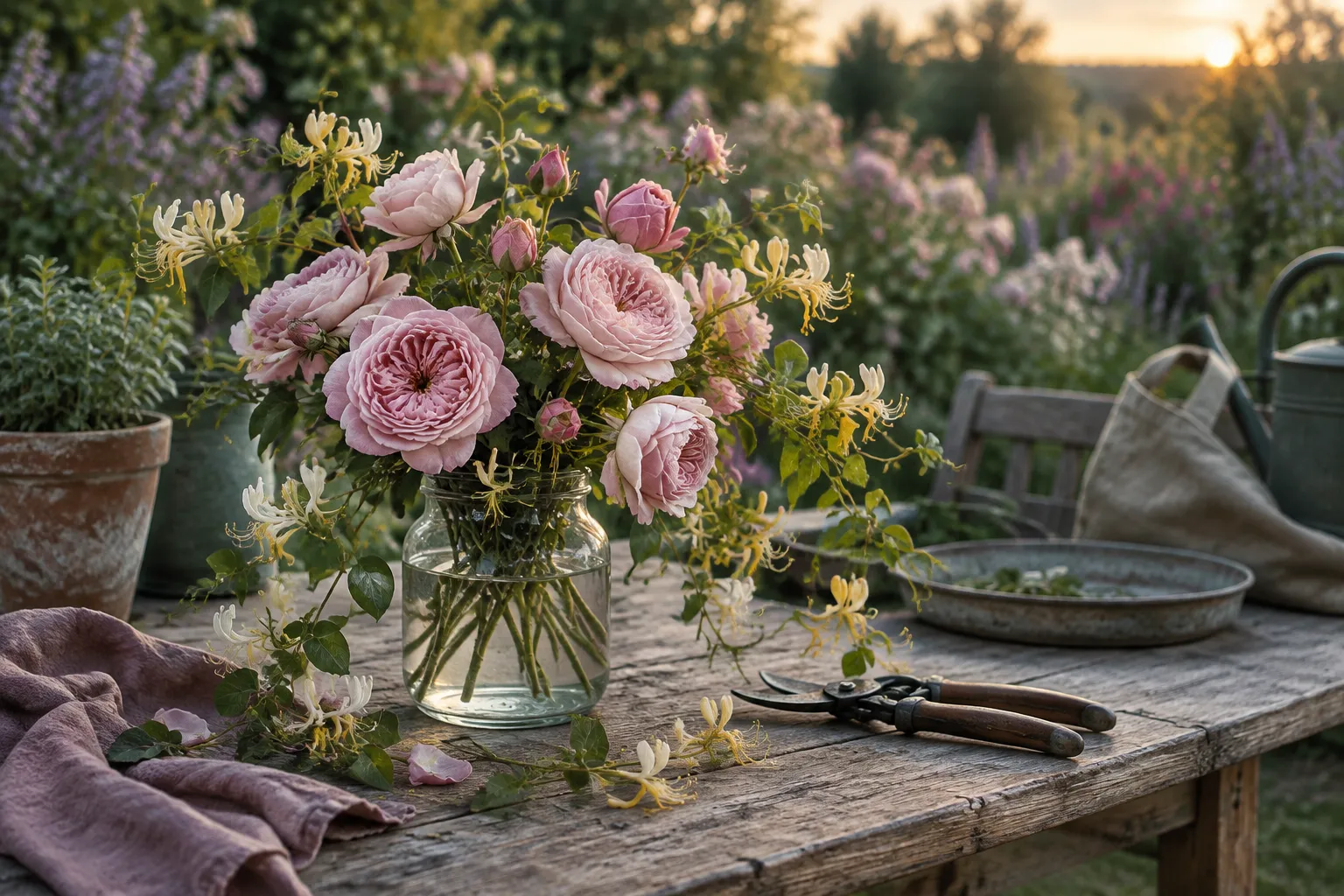 Pink garden roses and honeysuckle in a glass jar on a garden table in June.
