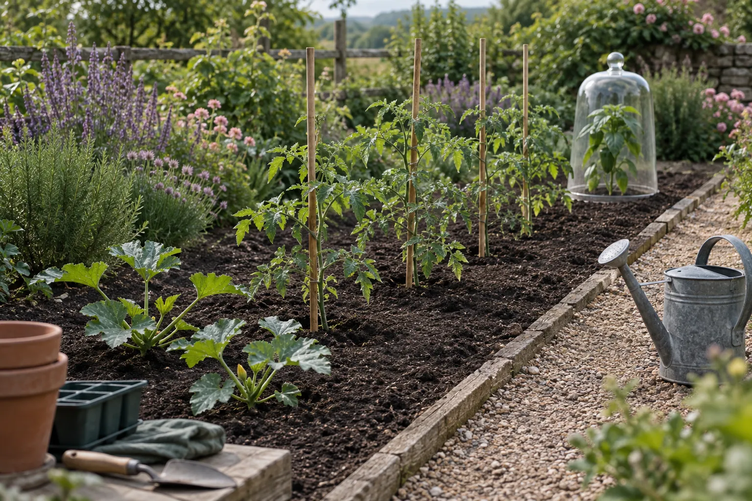 Young courgette and tomato plants in a June bed, a pepper plant under a glass cloche.