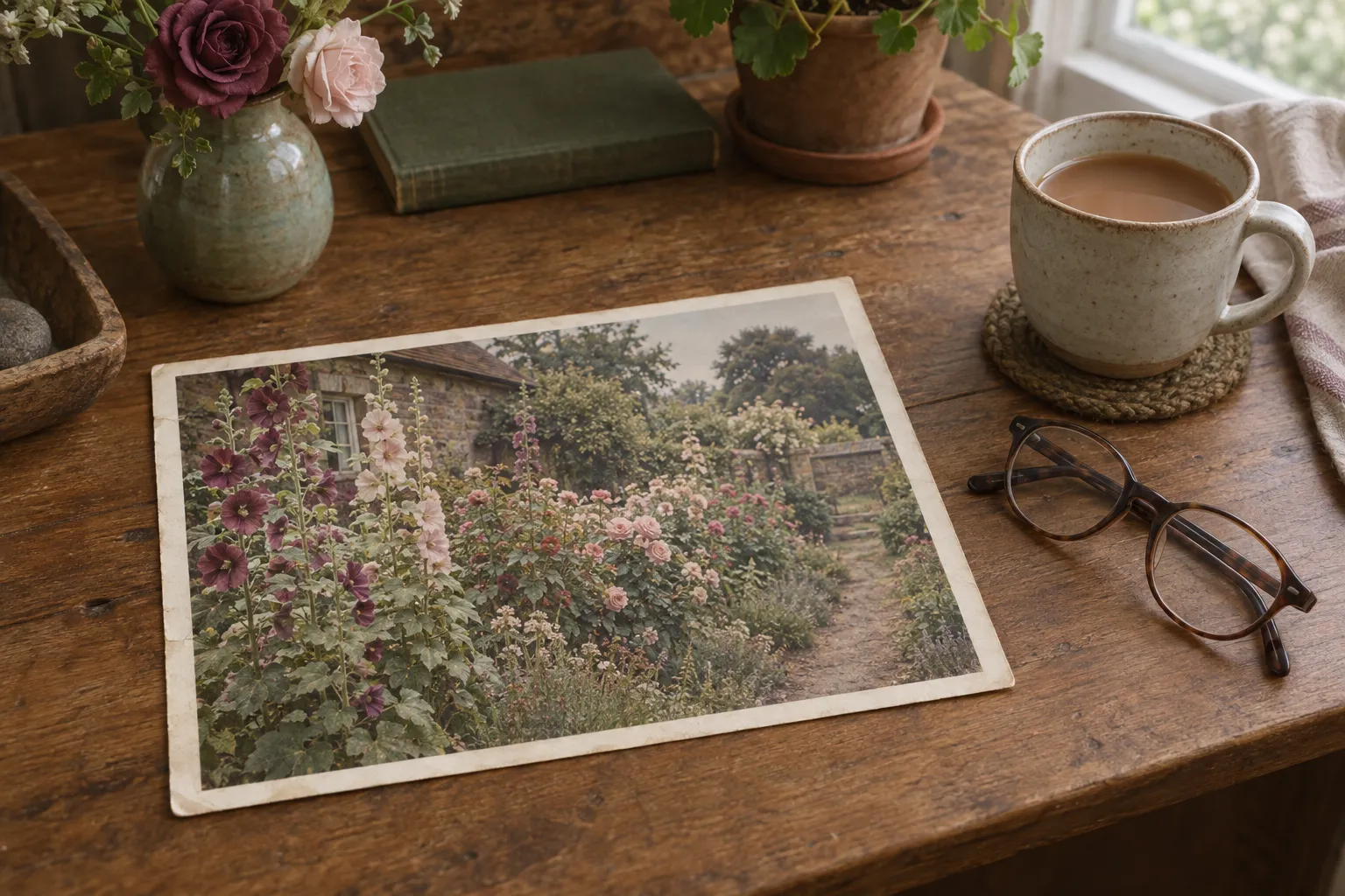 An old faded photograph of a cottage garden border lying on a table beside a cup of tea.