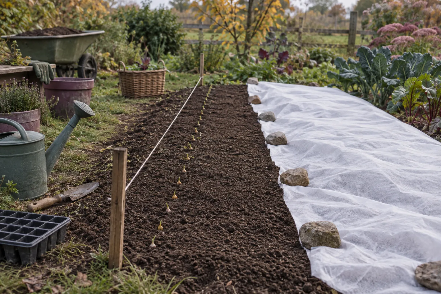 A row of onion sets in a raked bed, half of it covered with white fleece held down by stones.