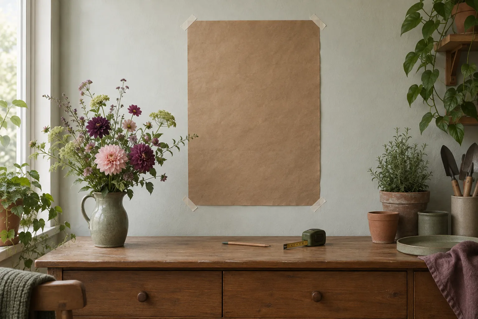 A blank sheet of brown paper taped to a wall above a sideboard to try out a print size.