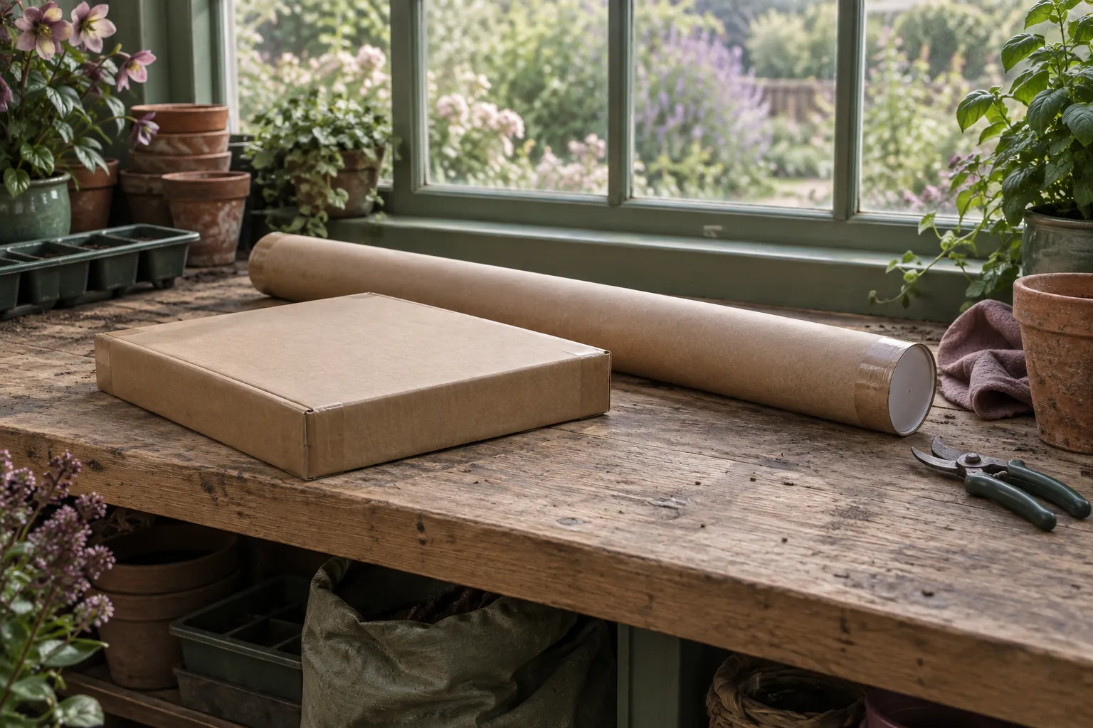 A flat cardboard parcel and a postal tube on a potting bench by a garden window.