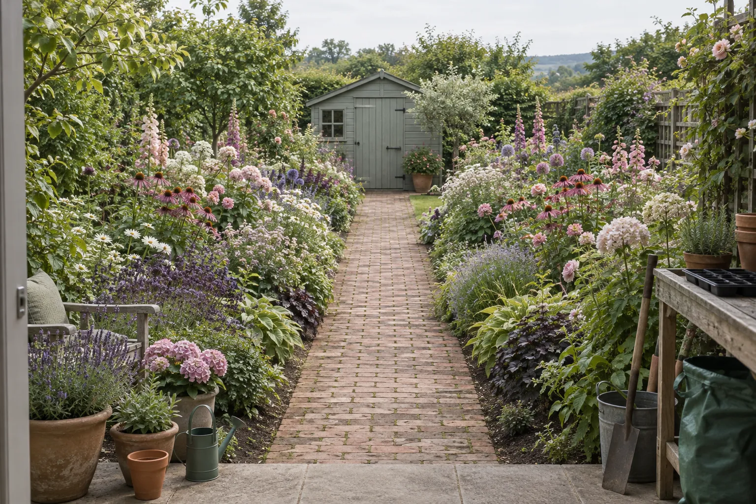 A brick path between two full borders, seen from a doorway, running to a small grey-green shed.