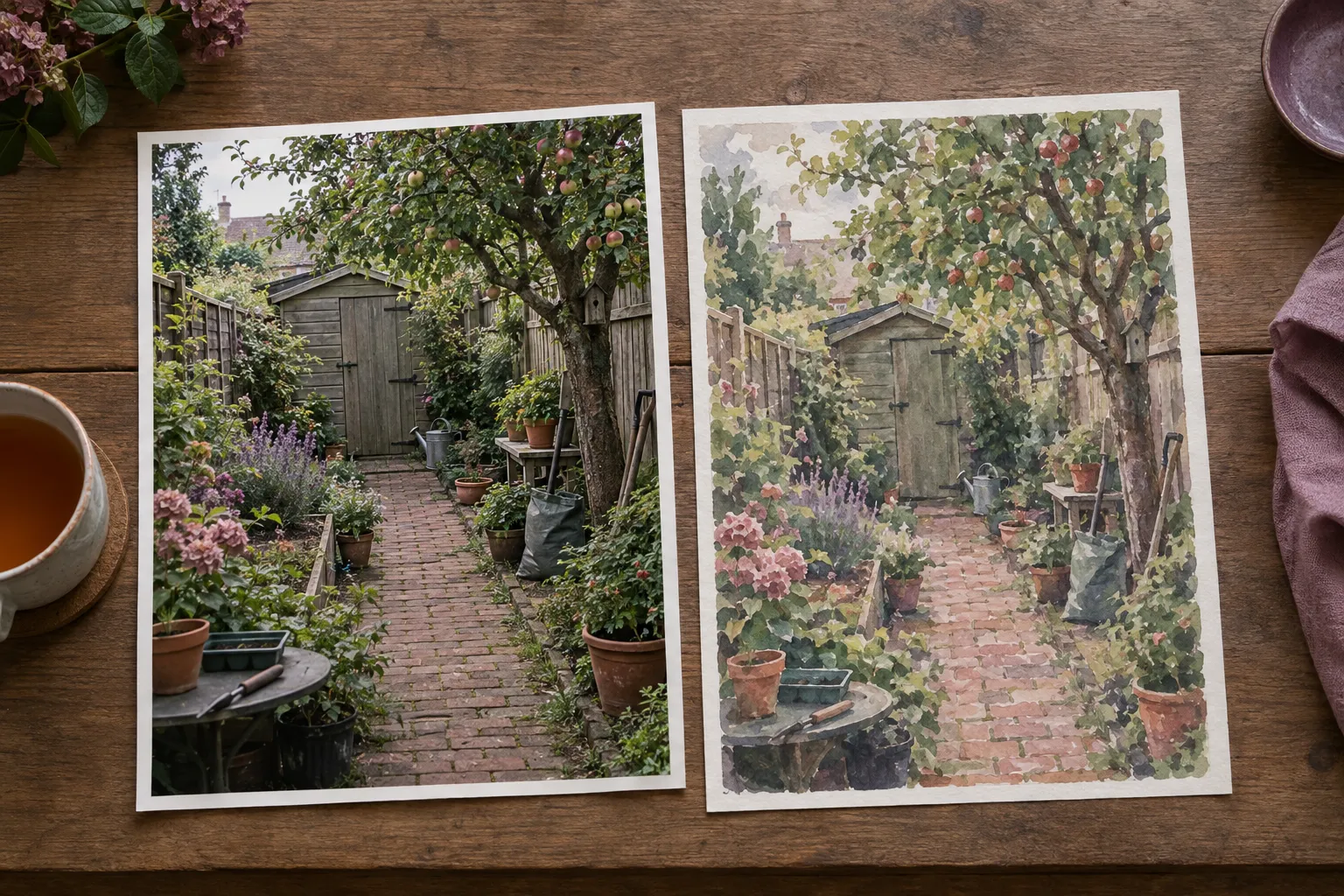 A photograph of a back garden and a painted version of it side by side on a table.