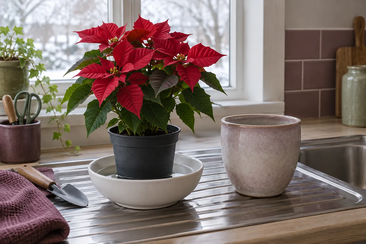 A red poinsettia in its growing pot standing in a bowl of water, its decorative pot beside it.