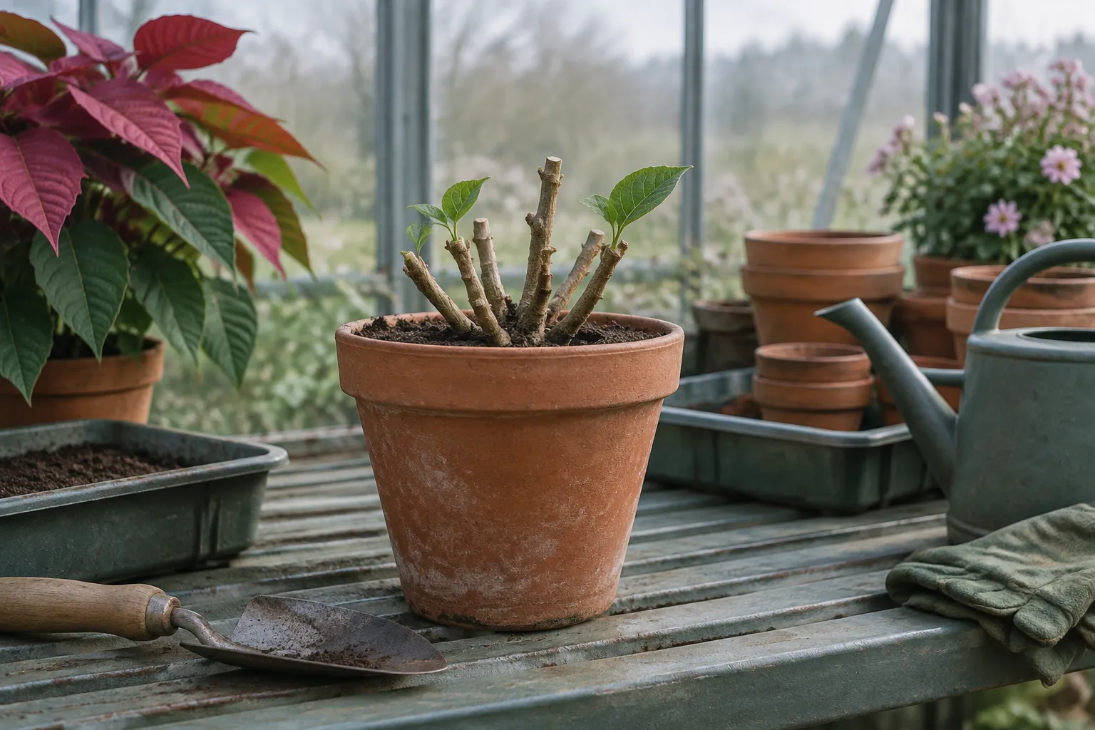 A poinsettia pruned back to short stems in a clay pot on a greenhouse bench in spring.