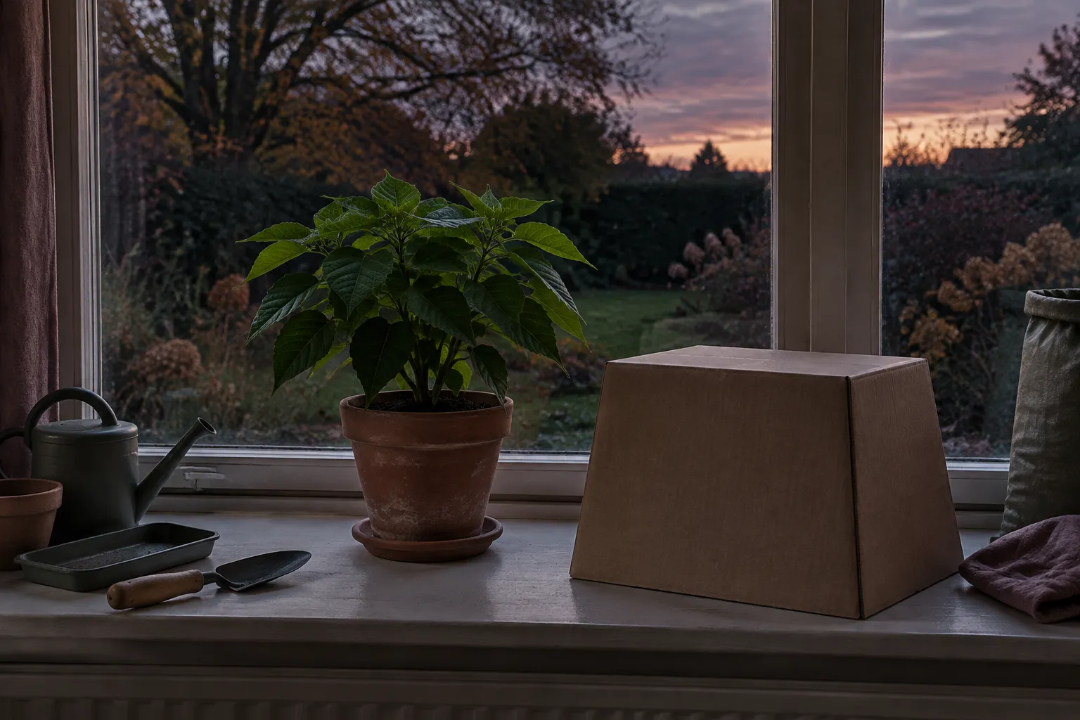 A green-leaved poinsettia on a windowsill at dusk with a plain cardboard box ready to cover it.