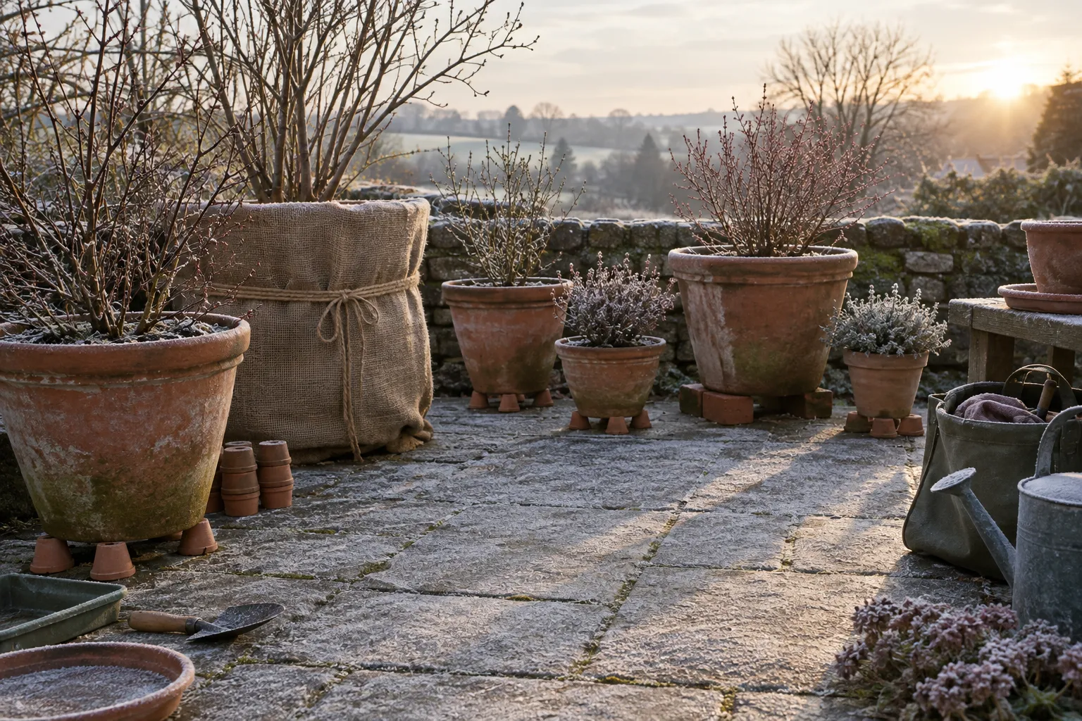Clay pots raised on pot feet and bricks on a frosty patio, a large tub wrapped in hessian.
