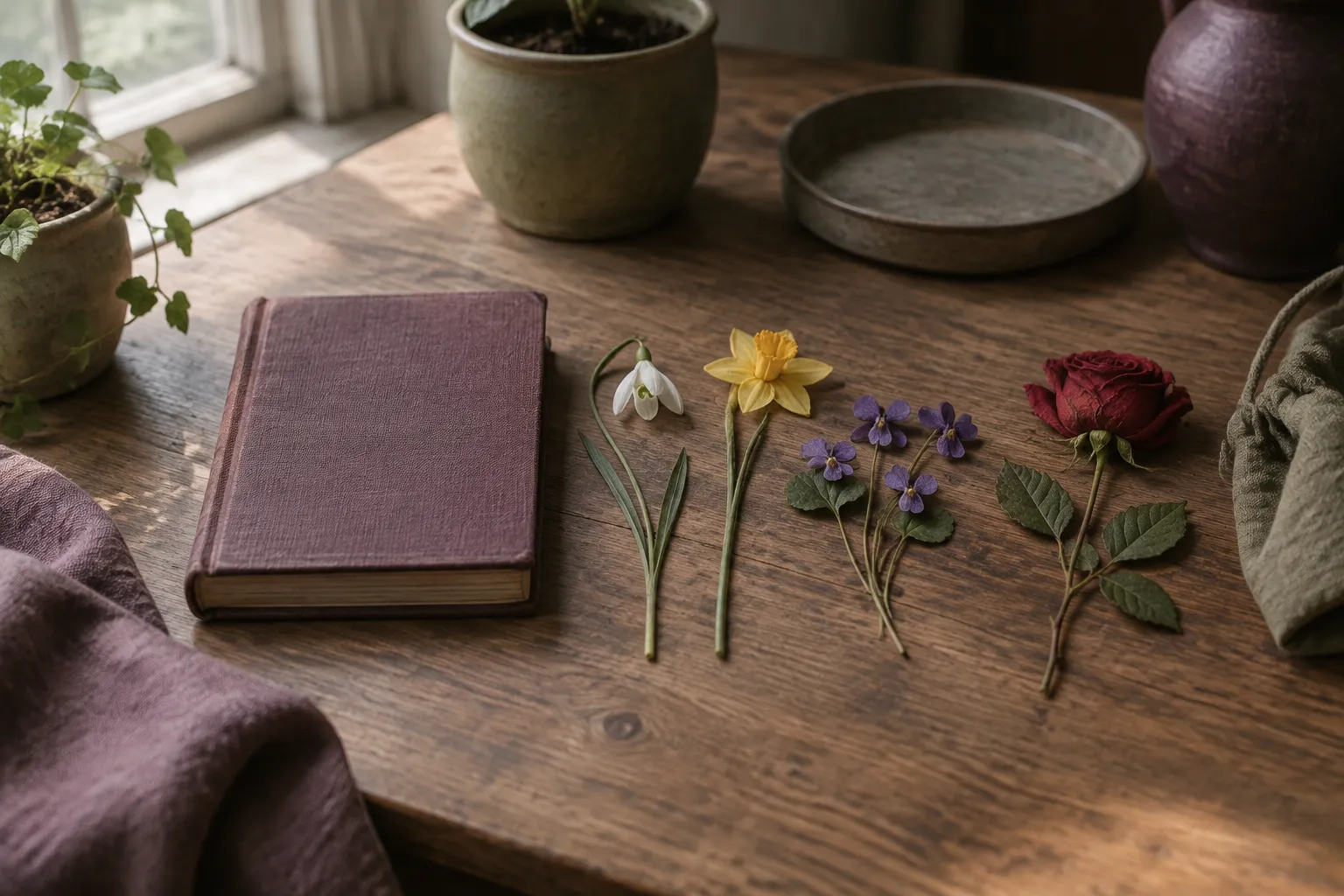 A plain old cloth-bound book beside pressed snowdrop, daffodil, violets and a red rose.