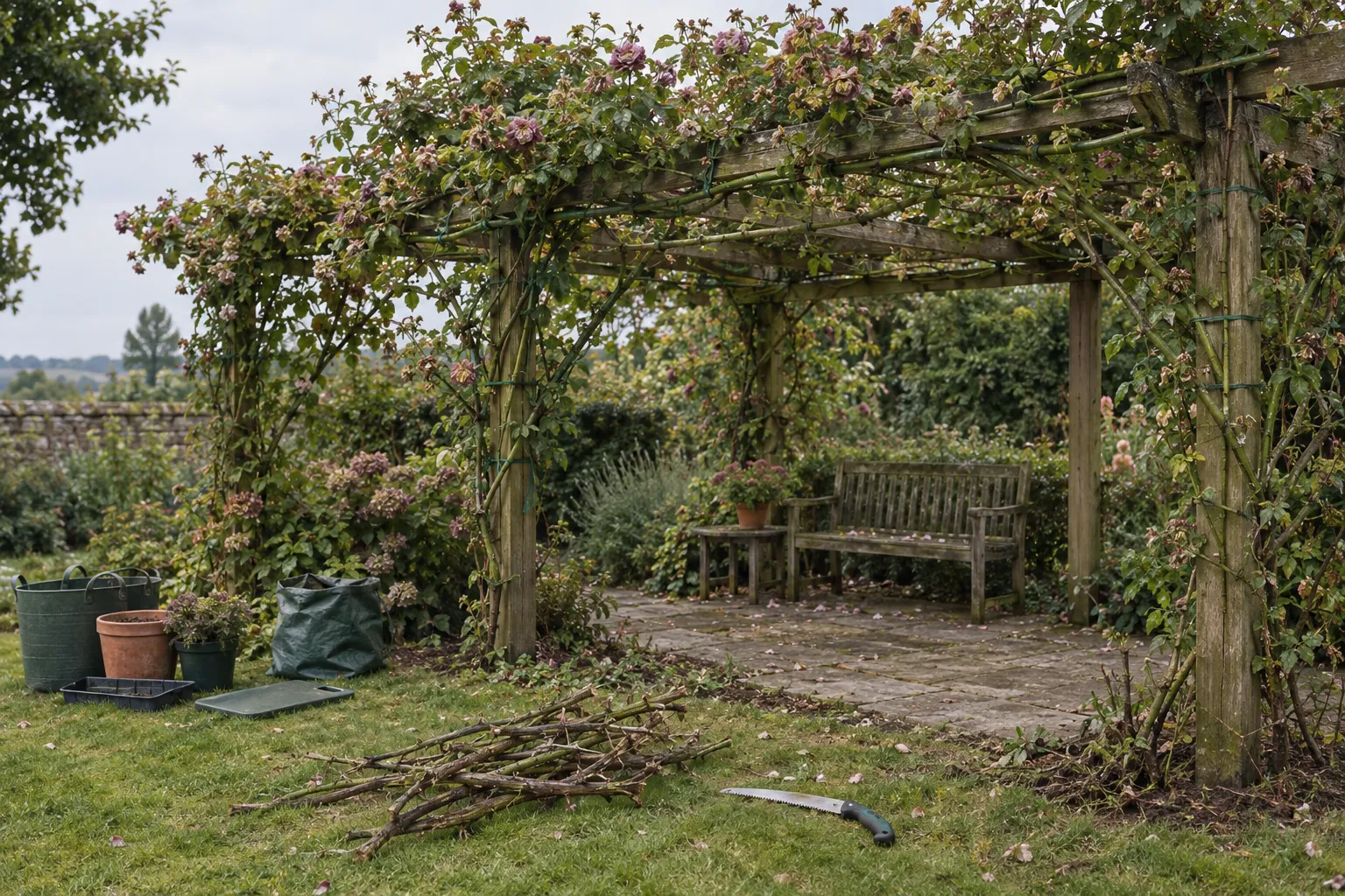 A rambler rose on a timber pergola in late summer, old stems cut out and lying on the grass.