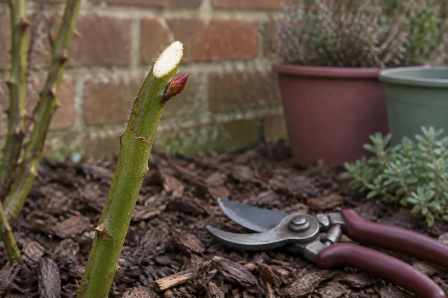 A pruned rose stem cut on a slant just above a small red bud, with secateurs on the mulch below.