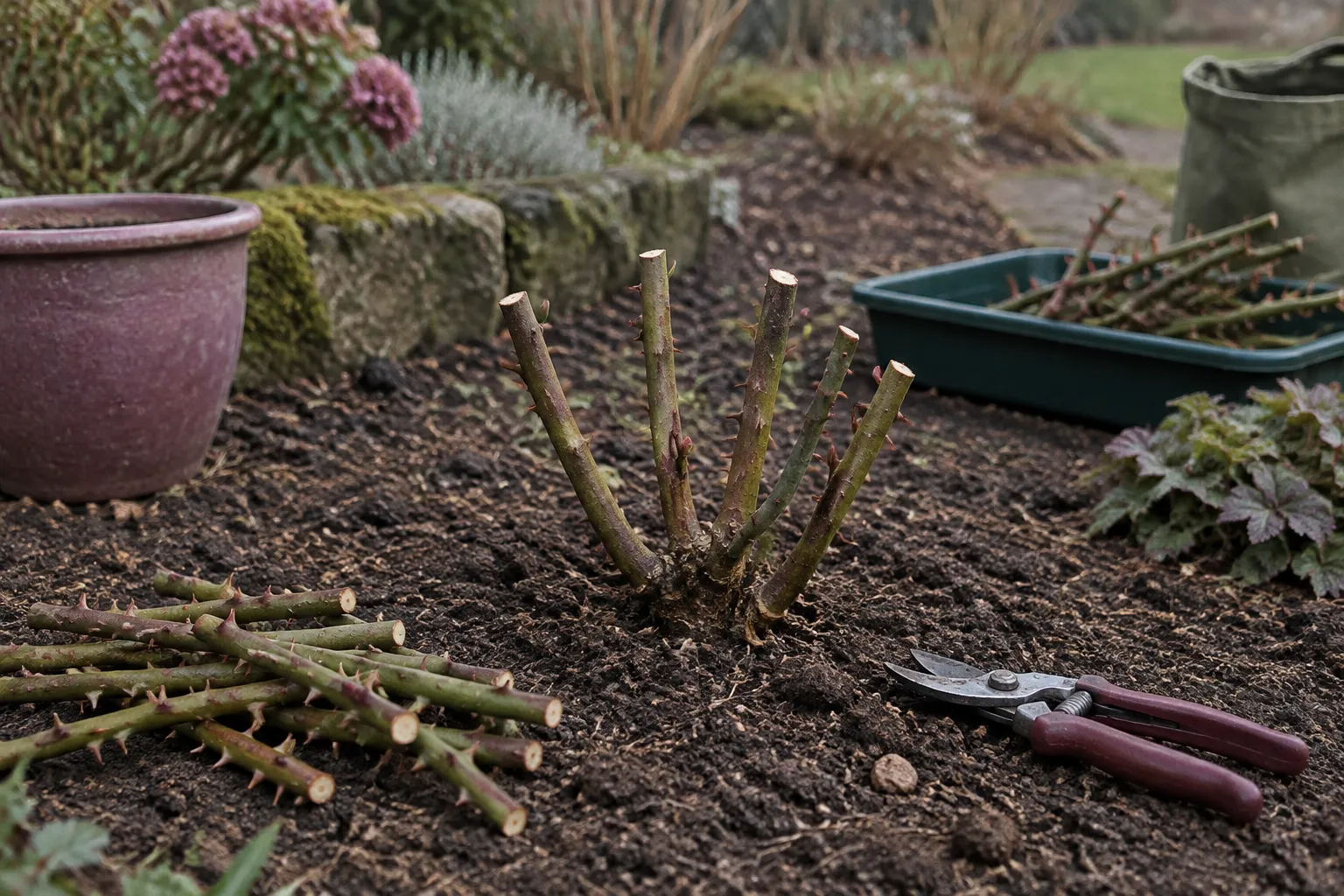 A hybrid tea rose bush pruned to short stems a hand's height above the soil.